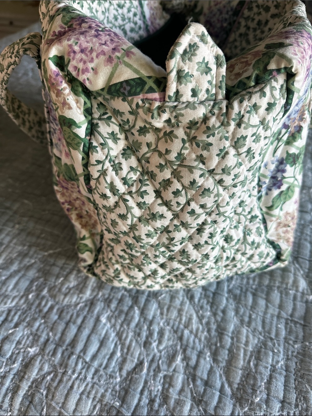 Vera Bradley Cream Quilted Tote with Green and Purple Floral Print - Picture 3 of 7